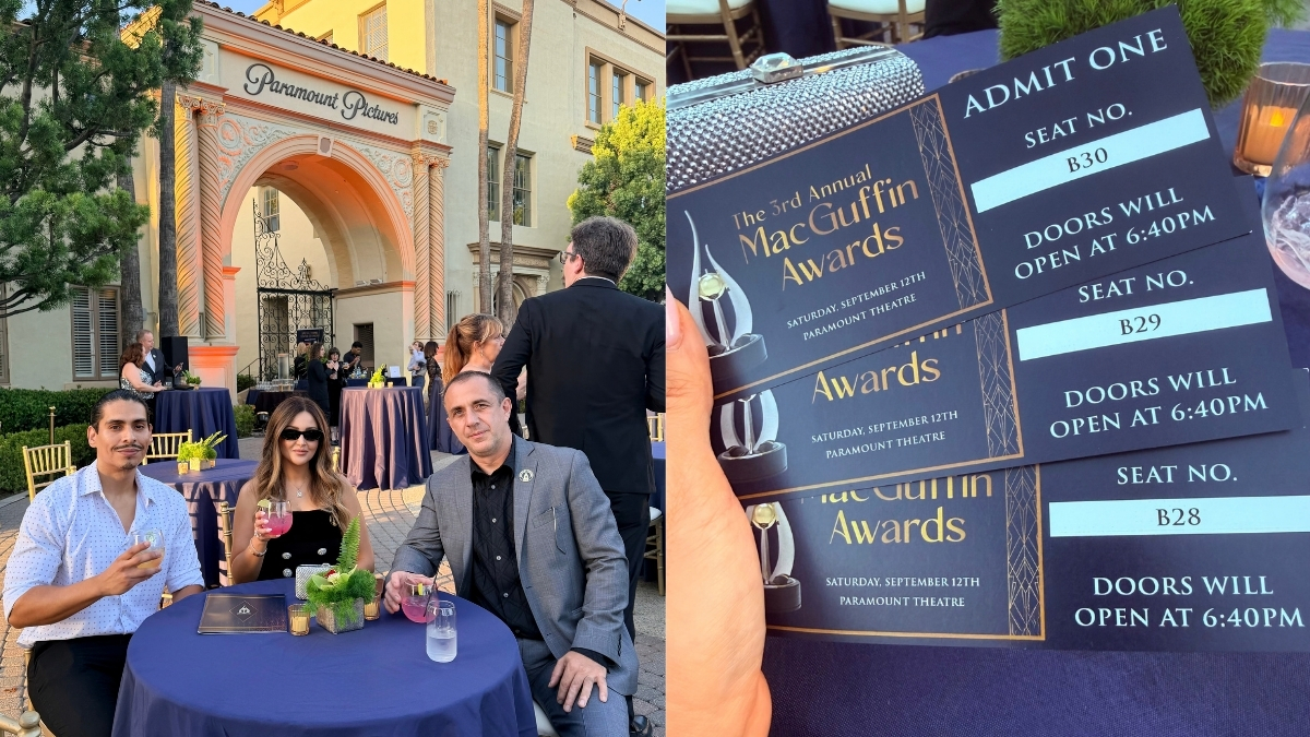 Honeyrose USA team at Paramount Pictures beside a close-up of their MacGuffin Awards admission cards.
